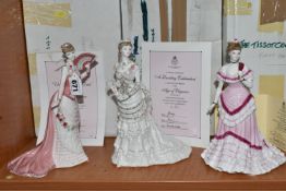 TWO BOXED ROYAL WORCESTER 'AGE OF ELEGANCE' FIGURINES AND ONE BOXED 'TISSOT' COLLECTION FIGURES,