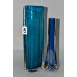 TWO BLUE WHITEFRIARS VASES, comprising a textured range Cucumber vase designed by Geoffrey Baxter,