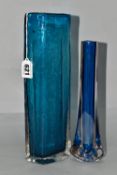 TWO BLUE WHITEFRIARS VASES, comprising a textured range Cucumber vase designed by Geoffrey Baxter,