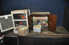 A VINTAGE MEAT SAFE AND RECORD CABINET CONTAINING TOOLS AND HARDWARE including a Record 80cm sash