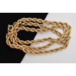 A 9CT GOLD ROPE CHAIN NECKLACE, yellow gold chain, fitted with a spring clasp, approximate length