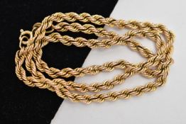 A 9CT GOLD ROPE CHAIN NECKLACE, yellow gold chain, fitted with a spring clasp, approximate length