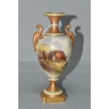 A ROYAL WORCESTER TWIN HANDLED URN HAND PAINTED WITH HIGHLAND CATTLE BY HARRY STINTON, signed,