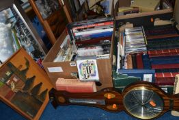 FOUR BOXES OF BOOKS, CDS AND SUNDRIES, to include framed prints and watercolours, over fifty