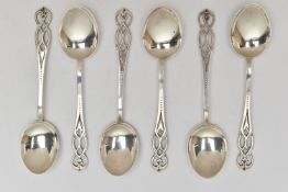 A SET OF SIX SILVER COFFEE SPOONS, six matching spoons with open work detail to the terminations,