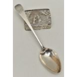 A LATE VICTORIAN 'NATHAN & HAYES' SILVER BOX AND A SILVER TABLE SPOON, rectangular embossed box with