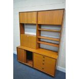 A PAIR OF MID CENTURY G PLAN WALL SHELVING UNITS, with an arrangement of cupboards, fall front