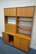 A PAIR OF MID CENTURY G PLAN WALL SHELVING UNITS, with an arrangement of cupboards, fall front