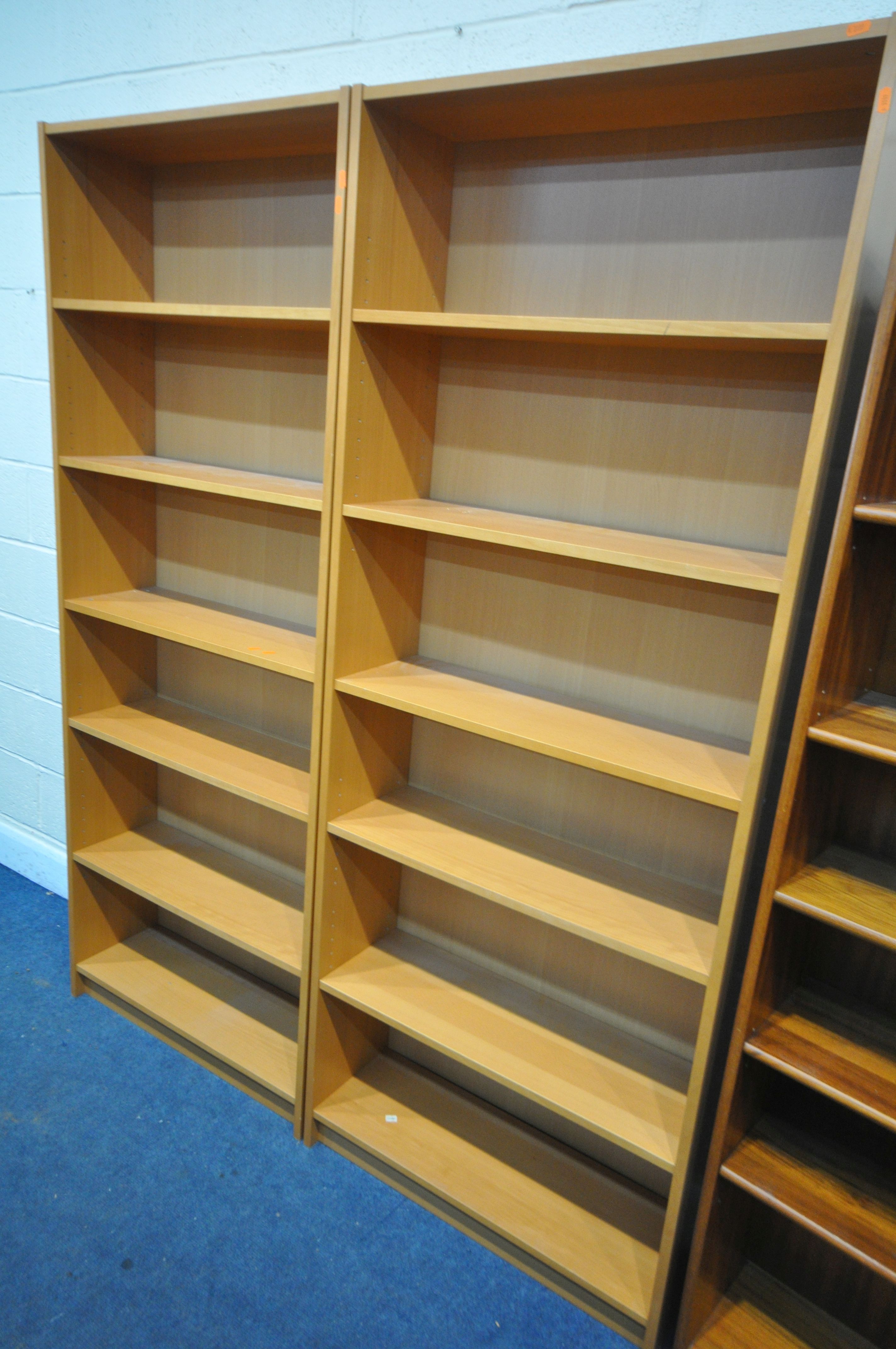 A PAIR OF MODERN BEECH OPEN BOOKCASES, width 80cm x depth 28cm x height 203cm, and a mid-century - Image 2 of 3