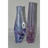 TWO AMETHYST COLOURED NEODYMIUM GLASS VASES, possibly ZBS, unmarked, one of square form with faceted