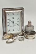 AN ASSORTMENT OF SILVER AND WHITE METAL ITEMS, to include a silver framed mantle clock signed 'Ari D