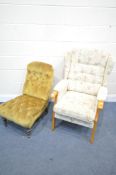 A MODERN BEECH FRAMED FLORAL ARMCHAIR, and an Edwardian buttoned slipper chair (condition report: -
