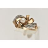 A 9CT GOLD GEMSET RING, a single cultured pearl, prong set within a yellow and white gold mount,