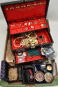 A BOX OF COSTUME JEWELLERY AND OTHER ITEMS, to include a black jewellery box with contents,