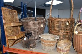 A LARGE QUANTITY OF WICKER BASKETS, comprising hats, fans, linen baskets, shopping baskets, a