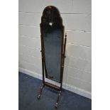 A MAHOGANY FRAMED CHEVAL MIRROR (condition report: -missing finial)