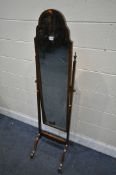 A MAHOGANY FRAMED CHEVAL MIRROR (condition report: -missing finial)