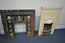 AN CAST IRON FIRE PLACE INSERT with Art Nouveau tiles, width 98cm x height 98cm, and a painted