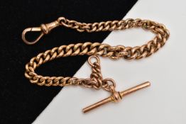 A 9CT GOLD ALBERT CHAIN, graduated curb link chain, fitted with a lobster clasp and T-bar,