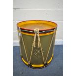 A TIMOTY OULTON REGIMENTAL DRUM SIDE TABLE, with a glass top, diameter 60cm x height 66cm (condition
