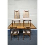 A MID CENTURY TEAK DINING TABLE, length 163cm x depth 82cm x height 71cm, and four chairs (condition