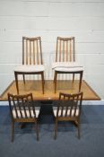 A MID CENTURY TEAK DINING TABLE, length 163cm x depth 82cm x height 71cm, and four chairs (condition