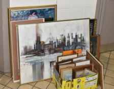 PAINTINGS AND PRINTS ETC, to include an abstract cityscape beyond a river, signed Wilson, oil on