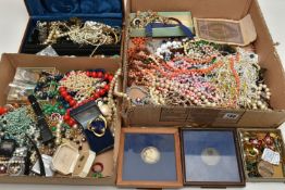 A BOX OF COSTUME JEWELLERY, to include a jewellery box with contents, various beaded necklaces,