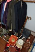 THREE BOXES, TWO SUITCASES AND LOOSE VINTAGE CLOTHING, comprising five walking sticks, hats,