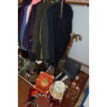 THREE BOXES, TWO SUITCASES AND LOOSE VINTAGE CLOTHING, comprising five walking sticks, hats,