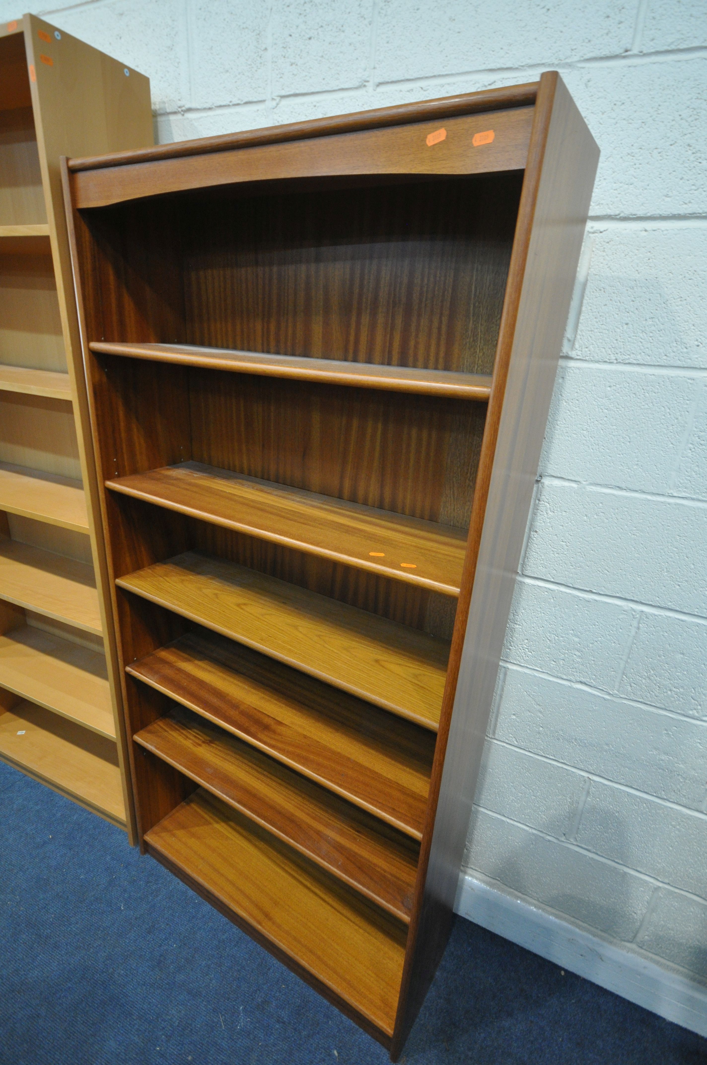 A PAIR OF MODERN BEECH OPEN BOOKCASES, width 80cm x depth 28cm x height 203cm, and a mid-century - Image 3 of 3