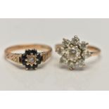 TWO 9CT GOLD RINGS, the first a cluster of nine circular cut cubic zirconia prong set in yellow