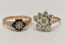 TWO 9CT GOLD RINGS, the first a cluster of nine circular cut cubic zirconia prong set in yellow