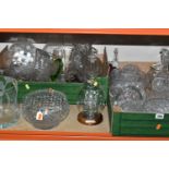TWO BOXES OF GLASSWARE, comprising cut crystal rose bowls, vases, an etched clear glass pitcher with