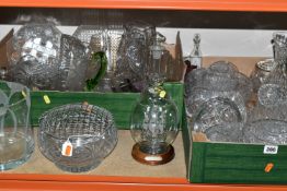 TWO BOXES OF GLASSWARE, comprising cut crystal rose bowls, vases, an etched clear glass pitcher with