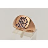 A 9CT GOLD SIGNET RING, yellow gold square signet, blue enamel monogram detail of the letters 'APL',