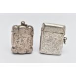 TWO SILVER VESTA CASES, the first of a rectangular form, detailed with acanthus leaves and