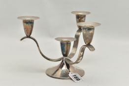 A SILVER CANDLE STICK HOLDER, four candle holder with three branches, on a round base, hallmarked '