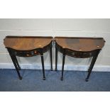 A PAIR OF MAHOGANY HALF MOON SIDE TABLES, with two drawers, on square tapered legs and spade feet,