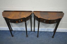 A PAIR OF MAHOGANY HALF MOON SIDE TABLES, with two drawers, on square tapered legs and spade feet,