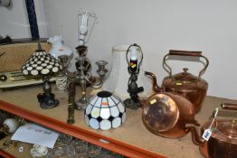 A GROUP OF LAMPS AND METALWARE, comprising a three draw brass Britannic telescope made by B.C & Co.,