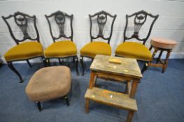 A SET OF FOUR EDWARDIAN MAHOGANY CHAIRS, with overstuffed seats, along with a beech step stool,