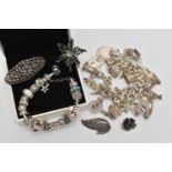 AN ASSORTMENT OF SILVER AND WHITE METAL JEWELLERY, to include a curb link charm bracelet, fitted