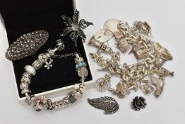 AN ASSORTMENT OF SILVER AND WHITE METAL JEWELLERY, to include a curb link charm bracelet, fitted