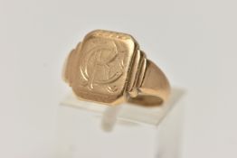 A 9CT GOLD SIGNET RING, yellow gold rectangular signet ring, engraved with monogram detail of the