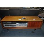 A BESPOKE VINTAGE TEAK HI CABINET CONTAINING COMPONENT HI FI EQUIPMENT including a BSR McDonald