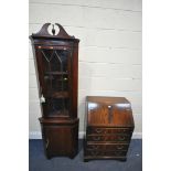 A MAHOGANY BUREAU, with four drawers, width 67cm x depth 41cm x height 97cm, and a mahogany corner