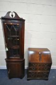 A MAHOGANY BUREAU, with four drawers, width 67cm x depth 41cm x height 97cm, and a mahogany corner