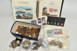 A BOX CONTAINING COINS AND COIN ALBUM, to include an album of Six coin First Day Covers mainly