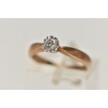 A 9CT GOLD SINGLE STONE DIAMOND RING, set with a round brilliant cut diamond, estimated diamond